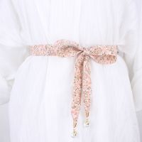 [HOT!] New Fashion Pearl Belts For Woman Fabric Print Flower Designers Belt Ribbon Chiffon Knot Rrope Dress Female Waistband Strap