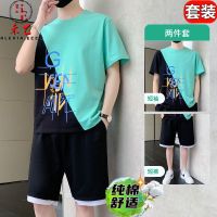 【July hot】 pure trendy mens splicing suit fashion short-sleeved complete set of matching t-shirt summer short for men