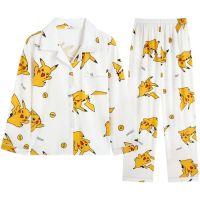 ℗☈ Kawaii Pokmon Pikachu Pajama Sets Fall Cartoon Anime Cotton Cute Pjamas for Women Cardigan Loungewear Set Yellow