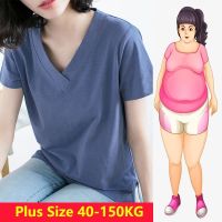 zhouyiping 【Plus Size】เสื้อยืดคอวี แขนสั้น ทรงหลวม โอเวอร์ไซซ์ 40-150 กก. สําหรับผู้หญิง C8134