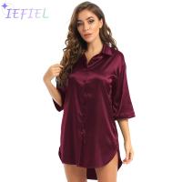 ผู้หญิง Comfy ซาติน34แขนสีทึบ Nightshirt Nightdress ชุดนอน Casual Home Lounge สวมหญิงสุภาพสตรีชุดนอน