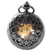 BOSHIYA Mens Vintage Skeleton Pocket Watch Steampunk Windup Half Hunter Mechanism Gear Cover with Chain HollowGear-Black