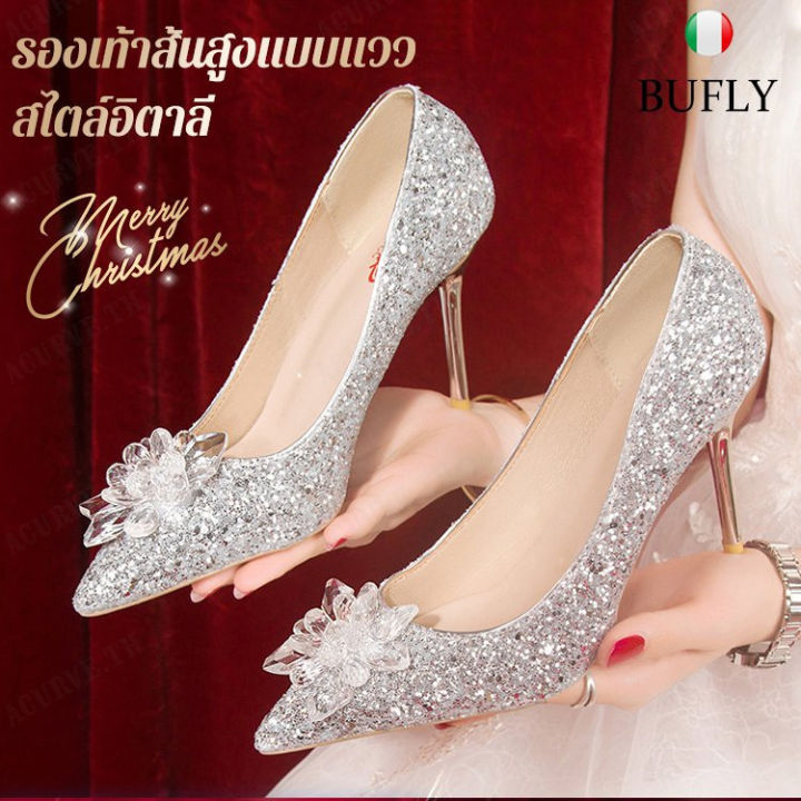 acurve-รองเท้าแต่งงานสีเงินของผู้หญิงชี้นิ้วเท้าออกแบบส้นสูงเลื่อมสไตล์ฤดูใบไม้ร่วง