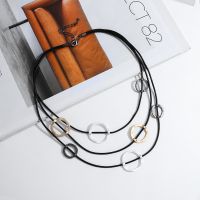 Amorcome Unique Multi Strand Leather Cord Metal Circle Round Textured Pendant Collar Chain Necklace for Women Jewelry