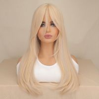 【jw】♀  Blonde Straight Synthetic Wigs for with Bangs Hair Resistant