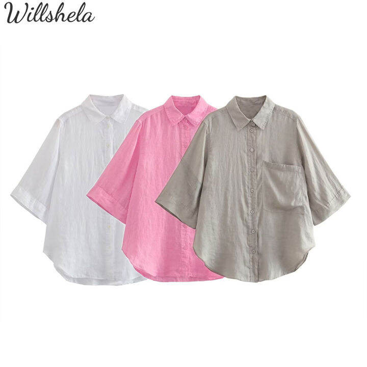 Willshela เสื้อเบลาส์ปกแฟชั่นสำหรับผู้หญิงเสื้อแขนสั้นผ้าลินินเรียบ ...