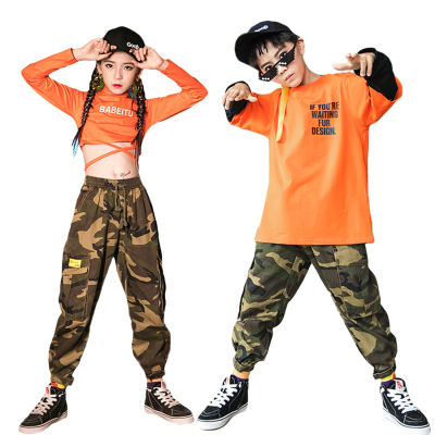 Lolanta เด็กฮิปฮอป Street Dance เสื้อผ้าสาวสีส้ม Crop Tops แขนยาวสำหรับเด็กชาย Tshirt หรือหลวม Jopping กางเกงชุดกีฬาเครื่องแต่งกาย