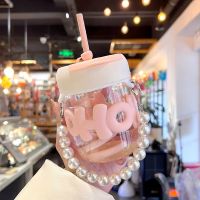 400ML Cute Girl Transparent Glass Heat Resistant Water Bottle With Pearl Bracelet Portable Double Drinking Coffee Mug Straw Cups