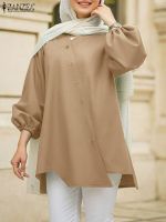 Women Vintage Solid Muslim Ramadan Blouse ZANZEA Fashion Long Sleeve Irregular Hem Shirt Casual Loose Tops Islamic Clothing 2023