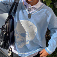 SweetyTop Skull Print V-Neck Sweater