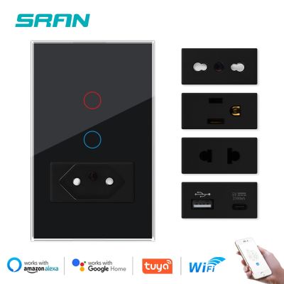 SRAN Smart WiFi touch switch Work with Google Home/Alexa 118*72mm Tempered Glass Panel  BR US Socket Not Smart