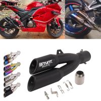 Universal Motorcycle Double Hole Exhaust Pipe Echappement Espace Moto Motorbike Muffler Escape For benelli 502C Ninja 250 R3 R25 Haberdashery