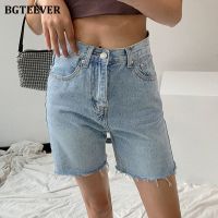 【hot】 BGTEEVER Ripped Edges Straight Jeans Shorts for 2021 Waist Loose Female Denim