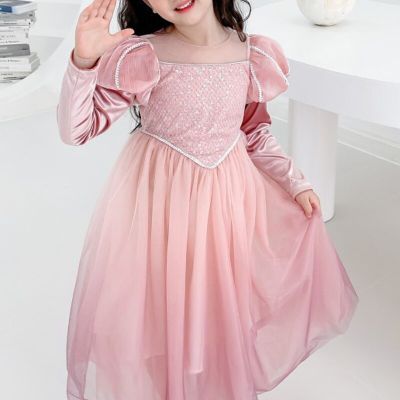 Autumn Girls Princess Dress Puff Sleeves Birthday Dress Sequins Shiny Outfits Performance Costume Big Kids Childrens Clothes