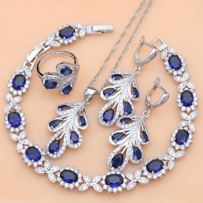 925 Sterling SilverJewelry Set Blue Sapphire White Crystal Costume for Women Stones Leaves Earrings Rings Bracelet Necklace Set