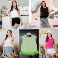 J19113 เสื้อกล้ามทรงครอป แต่งขนนก Cropped tank top with feather trim