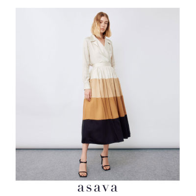 [asava aw22] Asava color gradient flare skirt กระโปรงผู้หญิง จับรูดเอว ปลายบาน ตัดต่อผ้าลายทางไล่สี ซิปหลัง