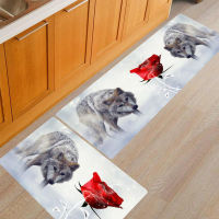 3D Wolf and Rose Flowers Rug Soft Non-slip Kitchen Mats Bathroom Carpet Bedroom Hallway Runner Rug