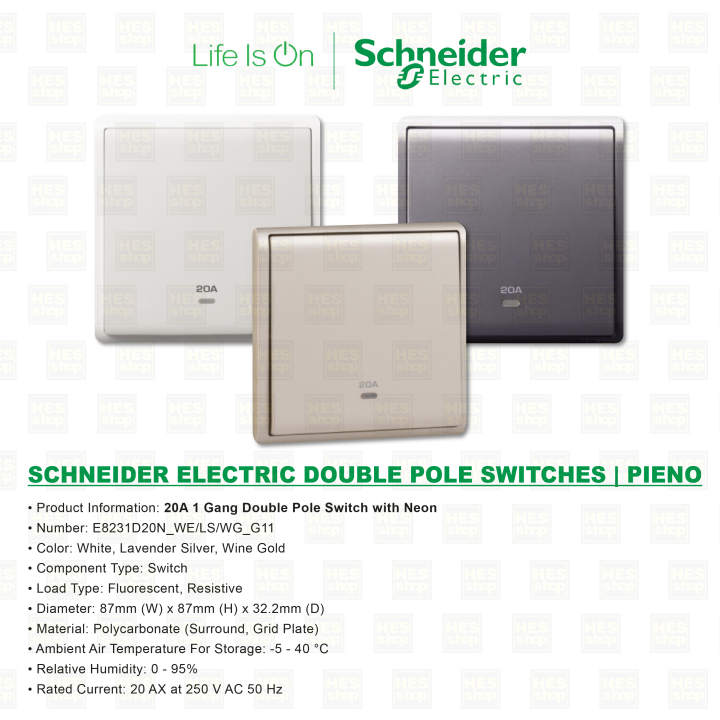 SCHNEIDER ELECTRIC DOUBLE POLE SWITCHES PIENO 20A 1 GANG DOUBLE POLE SWITCH WITH NEON