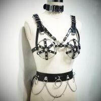 100 Handmade Women Girl Lingerie Caged Leather Metal Bra Top Letter Choker Collar Waist Belt with Chain Links