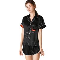 Womens Satin Pajamas Set Sleepwear Print Short Sleeve Button down Shirt And Shorts Loungewear Pajama Set KILOYJ1