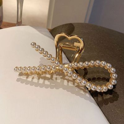 [COD] Korean temperament pearl hair clip female summer back head large net red shark headdress