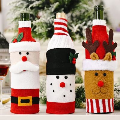 จุกไวน์ถักซานตาคลอสมนุษย์หิมะคริสต์มาสขวดไวน์แดงจุกไวน์ปีใหม่คริสต์มาสตกแต่งโต๊ะ2024ชิ้น