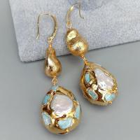 Y·YING natural Cultured White Pearl Teardrop Shape Blue larimar Pave Brushed Bead Dangle Hook Earrings