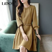 Autumn Winter New Solid Elegant Fashion Chic Dress Women Long Sleeve Waist Loose Casual Vestidos De Fiesta Aesthetic Robe Femme