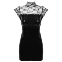 Womens Wet Look Mini Dress Lace Patchwork Leather Front Zipper Bodycon Cocktail Party Clubwear Pole Costumes Ladies Sexy Dress