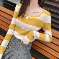 Square Neck Blouse Women Fashion Casual Stripe Shirt Long Sleeve Slim Knitted Tops New