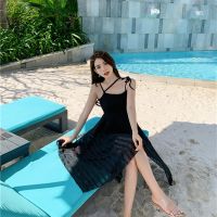 The new French girl joker Hepburn wind irregular black stitching condole belt dress holiday by the sea