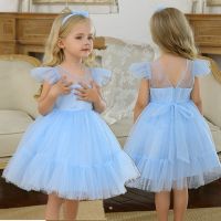 4-10T Girl Princess Dress Kids Short Sleeve Dot Birthday Tulle Tutu Gown Evening Party Costume Toddler Baby Blue Casual Clothes  by Hs2023