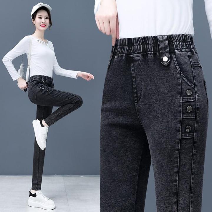 qingzhi-เสื้อผ้าควันสีเทากางเกงยีนส์ผู้หญิงฤดูใบไม้ร่วงและฤดูหนาว-elastic-เอวสูงบางยืดหยุ่นกางเกงสตรี