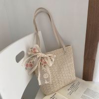 Vintage Women Woven Shoulder Bag Solid Color Lace Ribbon Tote Handbags Wicker Boho Straw Bag for Summer Beach Handle Beige Bags