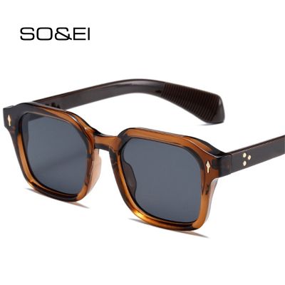 ❇ SO EI Vintage Rivets Square Sunglasses Women Gradient Shades UV400 Men Punk Brown Sun Glasses