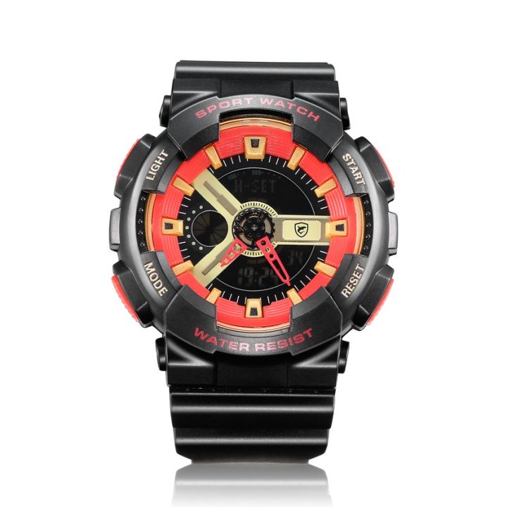 top-wd0618เคสสีดำสีแดงคำว่าสีทองเทปสีดำนาฬิกาควอตซ์หน้าจอคู่
