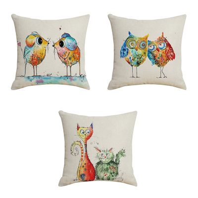 Set of 3 Lovely Animal Cushion Covers Cat Owl Mouse Sofa Throw Pillowcase 45X45Cm for Sofa Car Home Bed KidS Room Decor