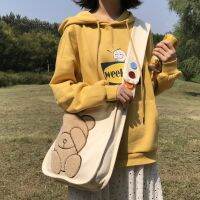 【STOCK】 Homemade cute embroidered bear double-sided sherpa one-shoulder crossbody bag soft cute girl canvas satchel