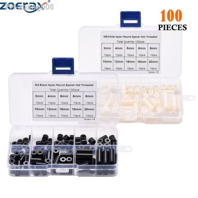 ZoeRax 100pcs M3 Nylon Round ABS Metric Spacer Insulation Plastic Standoff Not Threaded for Screw Assortment Kit Set Black amp;White