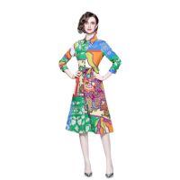 Women Dress Spot Real  Elegant Long Sleeve  Vintage Printed Midi Dress