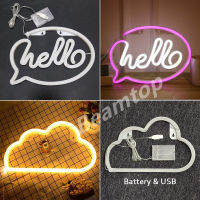 แบตเตอรี่และ USB อเนกประสงค์ LED ไฟนีออนแขวนไฟอบอุ่น Hello &amp; เมฆตกแต่งวันหยุดไฟกลางคืน