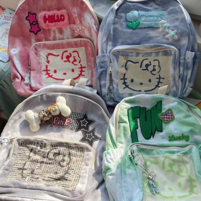 กระเป๋าเป้นักเรียนเดินทางลายการ์ตูน Hello Kitty เป้แคนวาสย้อนยุคสำหรับผู้หญิง