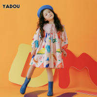 YADOU ชุดเดรสแขนยาวเด็กผู้หญิงเวอร์ชั่นเกาหลีใหม่ของไม้สีชมพูหูพัฟแขนกราฟฟิตีการค้าต่างประเทศกระโปรงเด็ก