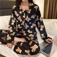 Women Pajamas Spring Silk Loose Lapel Pyjamas Summer Cute Cartoon Bear Print Pijamas Plus Size Home Suit 2 Piece Sets Sleepwear