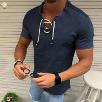 IUM Men S Denim Short Sleeve V-Neck T-Shirt Casual Lace Up Pure Color Blouse Short Sleeve V-Neck Casual Lace Up Pure Color Blouse Tops Men S Denim T-Shirt Men