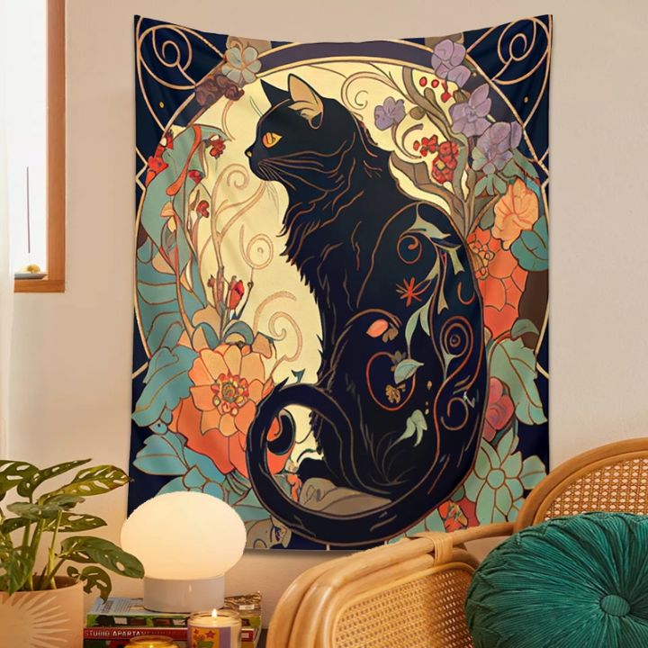 พรมรูปแมวดำที่ทำให้เคลิบเคลิ้มไปแขวนผนัง-art-nouveau-กุหลาบและแสงแดดรูปสัตว์ตกแต่งผนังดอกไม้ตกแต่งบ้านของขวัญคนรักแมว
