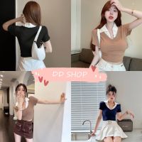 DD SHOPพร้อมส่ง71021 เสื้อครอป แขนสั้นแต่งคอปกน่ารักมาก Y2K สุดๆ