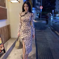 【Available】2สีผู้หญิง Retro ดอกไม้พิมพ์ Qipao สไตล์จีน Cheongsam Lady Elegant งานแต่งงานชุดเซ็กซี่ชุด Vintage Vestidos