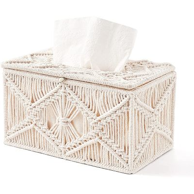 Tissue Box Cover Boho Decor Rectangular Paper Tissue Holder with Bead Buckle Macrame Napkin Tissues Organizer Home Decor